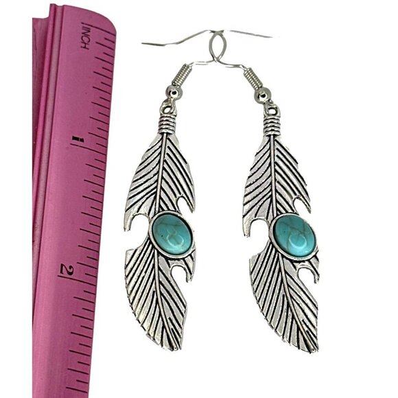 Feather-Shaped Silver Earrings With Turquoise Stone Accents - Picture 5 of 5